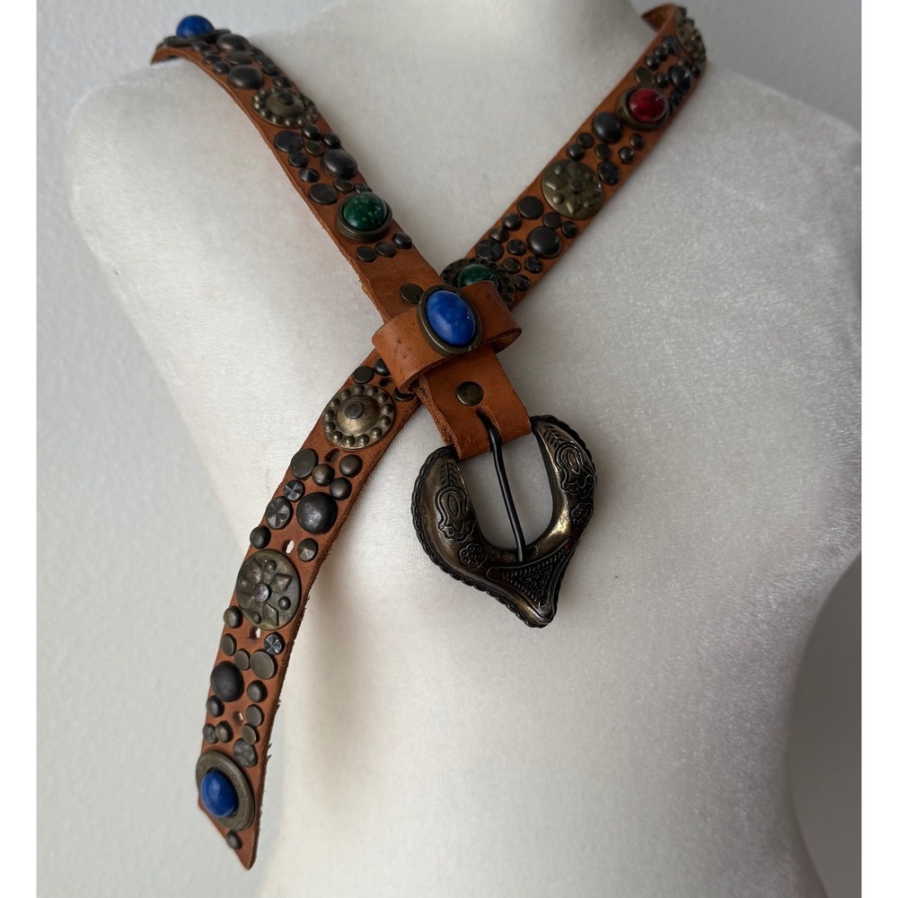 VTG Western Boho Hippie Festival Studded Gemstone Leather Belt Womens M Brown